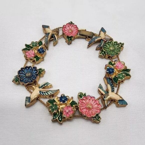 Vintage Enameled Hummingbird & Flowers Goldtone Slide Bracelet - Picture 3 of 6